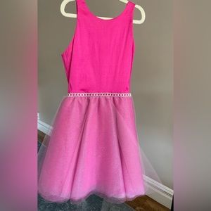 One of a kind handmade hot pink dress with sparkle overlay bottom. Size 12.